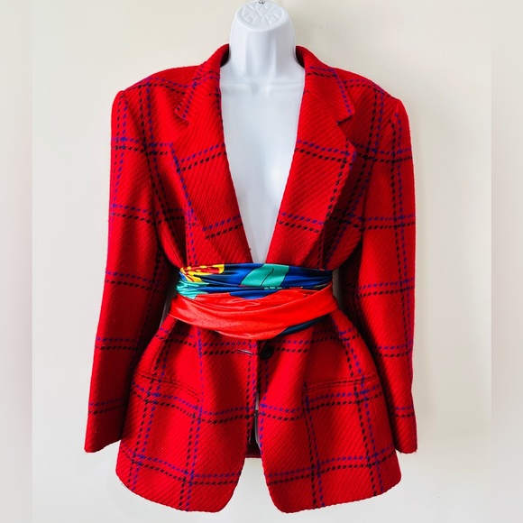 Vintage  Red Wool Pane Style Plaid Blazer By BERNARD HOLTZMAN Size 14 - Picture 1 of 13